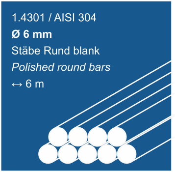 Edelstahlstäbe aus 1.4301 (304), 6mm Durchmesser, 6000 mm lang, auf blauem Hintergrund abgebildet